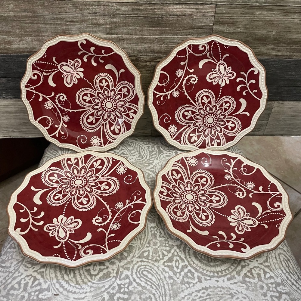 Pier 1 Imports Maribeth Red Floral Salad Plates Set 4 Ironstone Scalloped Edge